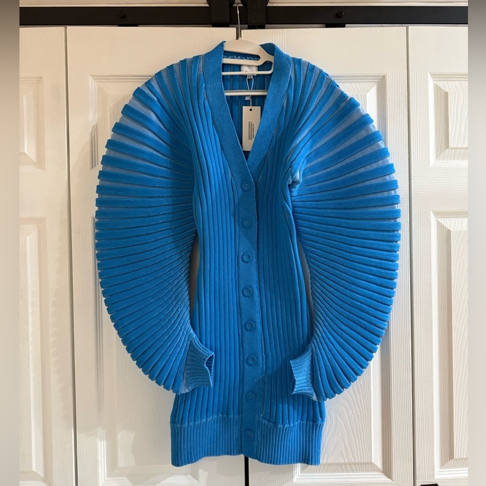FUMI Iris Mini Dress Blue Ribbed Knit Exaggerated Sleeve NWT 2XL - Picture 5 of 10